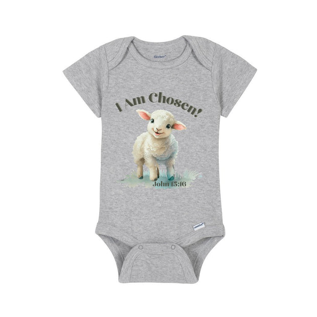 Grey baby onesie that reads I Am Chosen with a lamb and scripture John 15:16