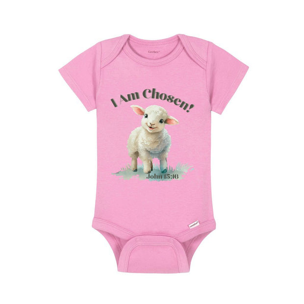 Pink baby onesie that reads I Am Chosen with a lamb and scripture John 15:16