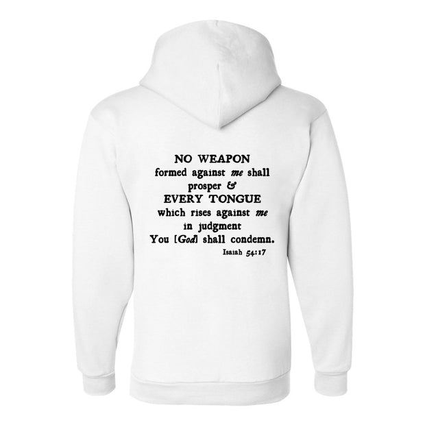 White hoodie with scripture Isaiah 54:17 on back