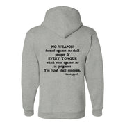 Grey hoodie with scripture Isaiah 54:17 on back