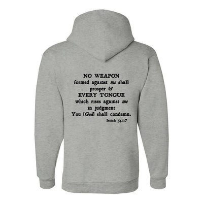 Grey hoodie with scripture Isaiah 54:17 on back