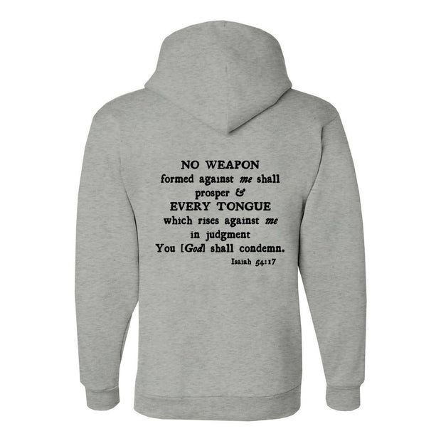 Grey hoodie with scripture Isaiah 54:17 on back