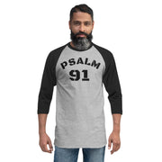 Male wearing Psalm 91 grey 3/4 black sleeve baseball shirt