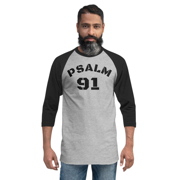 Male wearing Psalm 91 grey 3/4 black sleeve baseball shirt