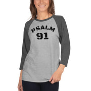 Female wearing Psalm 91 grey 3/4 dark grey sleeve baseball shirt