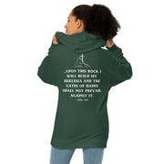 Back of Ekklesia Sister alpine green hoodie with Matthew 16:18 scripture