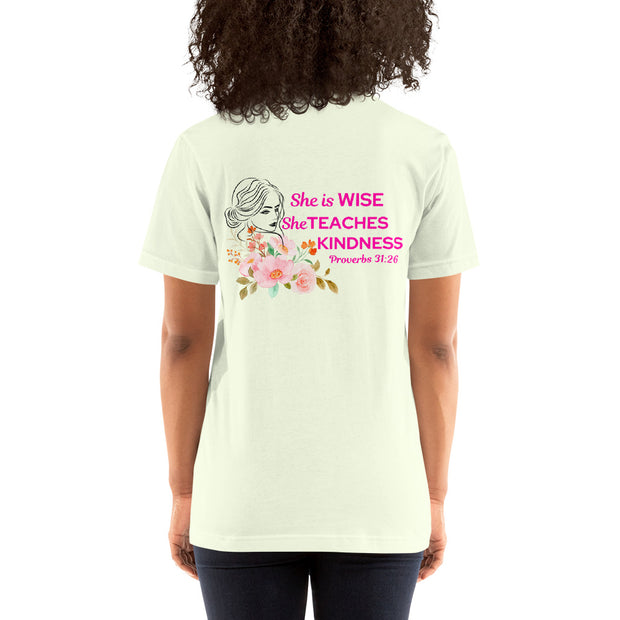 Proverbs 31:26 scripture on back on white women's Christian T-shirt with pink lettering