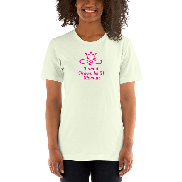 Front view of I am a proverbs 31 woman white women's Christian shirt