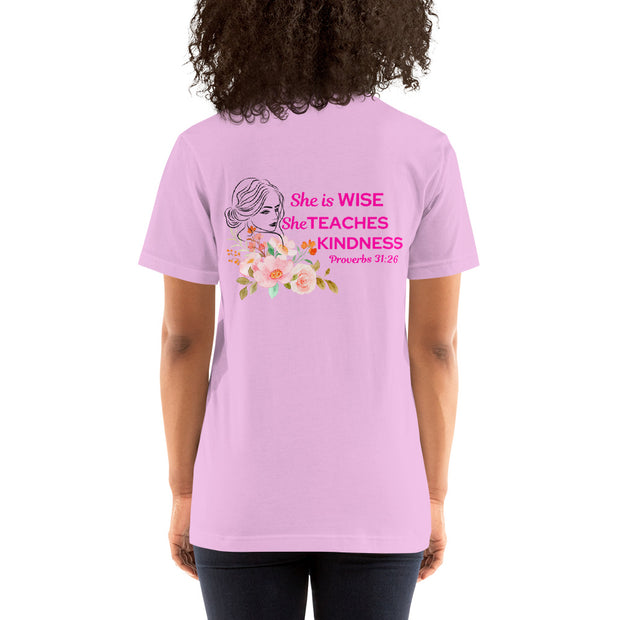 Proverbs 31:26 scripture on back on lilac colored women's Christian T-shirt with pink letters