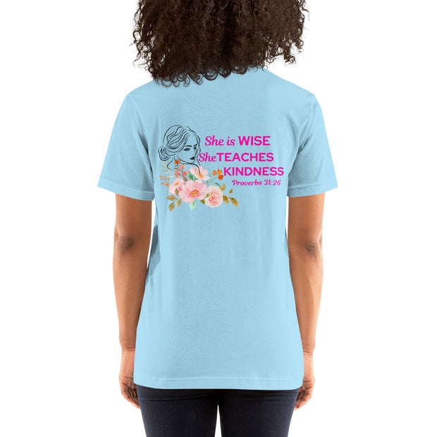 Proverbs 31:26 scripture on back on ocean blue colored women's Christian T-shirt with pink lettering