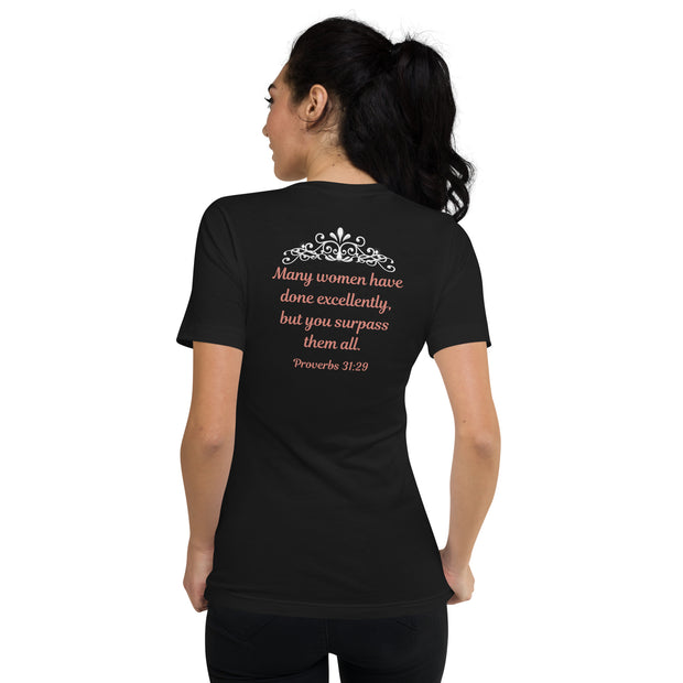 Back of a women's black Christian V-neck t-shirt with Proverbs 31:29 scripture written in pink letters