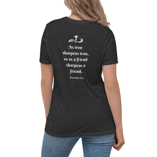 Back of Heavenly Bonded heather grey women's Christian t-shirt with Proverbs 27:17 written