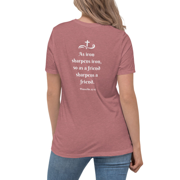 Back of Heavenly Bonded mauve colored women's Christian t-shirt with Proverbs 27:17 written