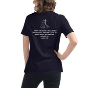 Back of Ekklesia sister navy women's Christian t-shirt with Matthew 16:18 scripture