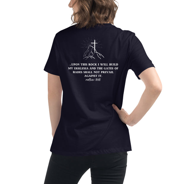Back of Ekklesia sister navy women's Christian t-shirt with Matthew 16:18 scripture
