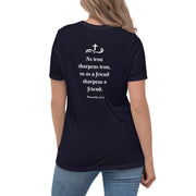 Back of Heavenly Bonded navy colored women's Christian t-shirt with Proverbs 27:17 written