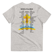 Bible Kids Club Books of the Bible listed on back of grey youths T-shirt.