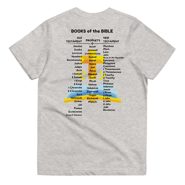 Bible Kids Club Books of the Bible listed on back of grey youths T-shirt.