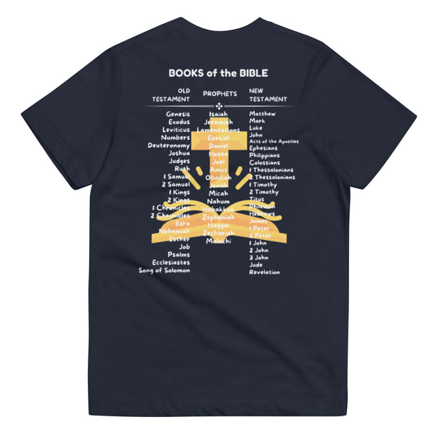 Bible Kids Club navy youth t-shirt with books of the Bible listed on back