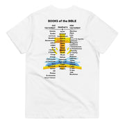 Bible Kids Club, books of the Bible listed on the back of youth's white t-shirt